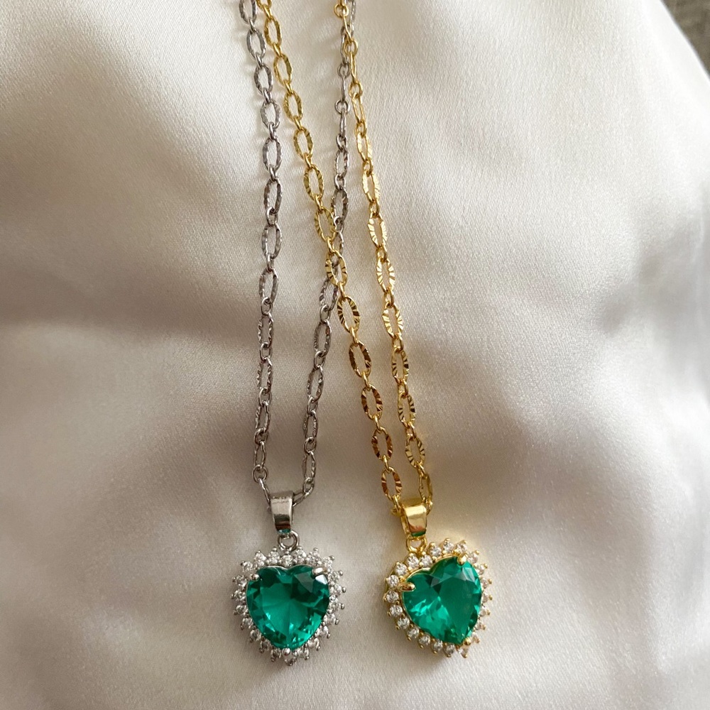 Ruby/emerald color gold plated heart necklace